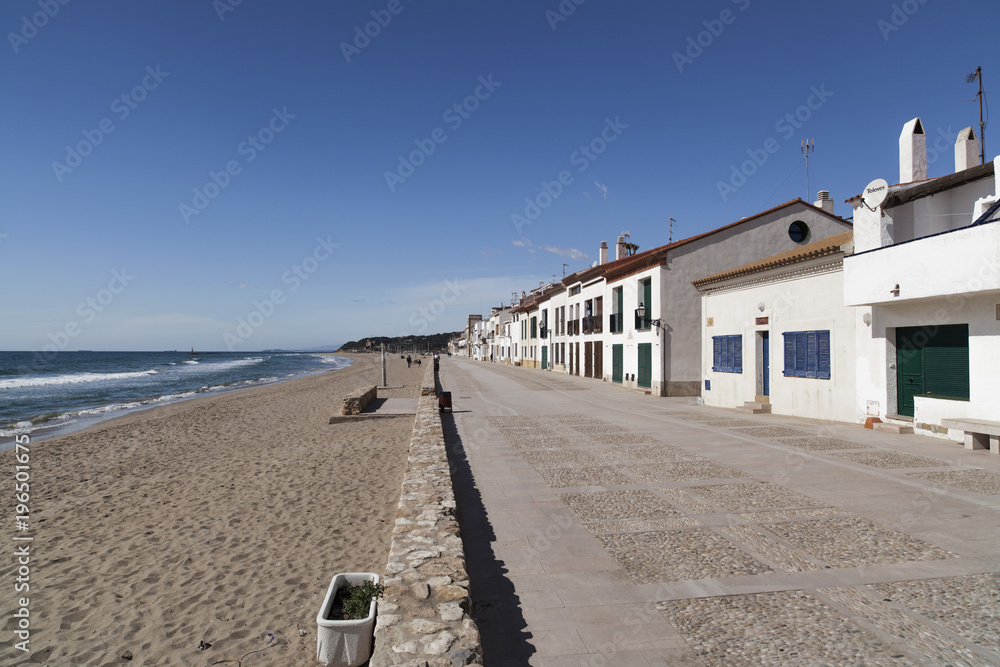 Mediterranean beach, maritime promenade, Les botigues de mar, maritime quarter in Altafulla, Costa Daurada, province Tarragona,Catalonia.Spain.