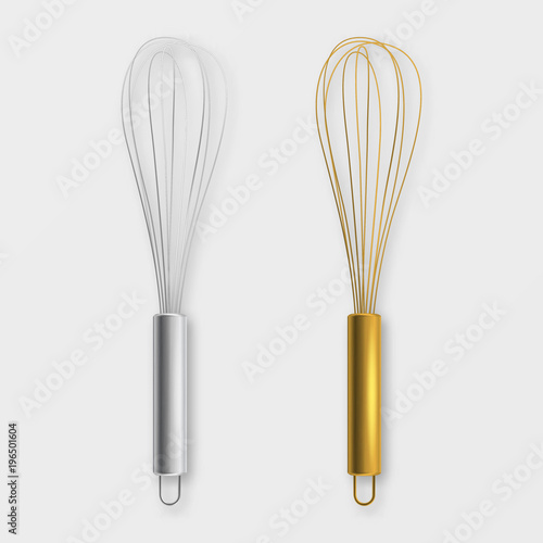Vector realistic 3D metal wire steel whisk icon set - silver and gold - closeup isolated on white background. Cooking utensil, egg beater. Design template for graphics, mockup