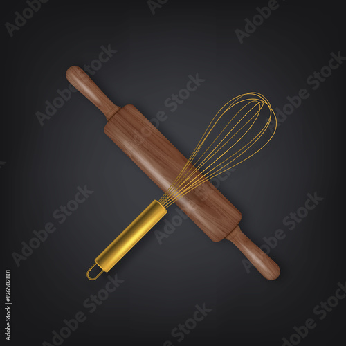 Vector realistic 3D wooden rolling pin and metal wire steel whisk cross-shaped icon closeup isolated on black baclground. Top view. Design template for graphics