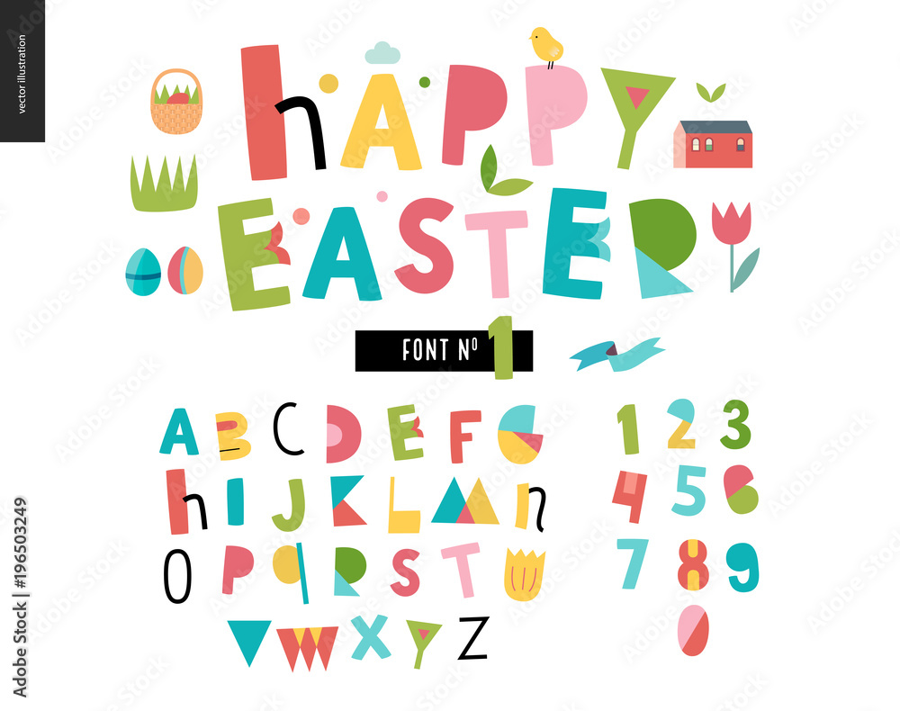 Kids flat alphabet set - Happy easter latin font - letters and digits Kids flat alphabet set - Happy easter latin font - letters and digits
