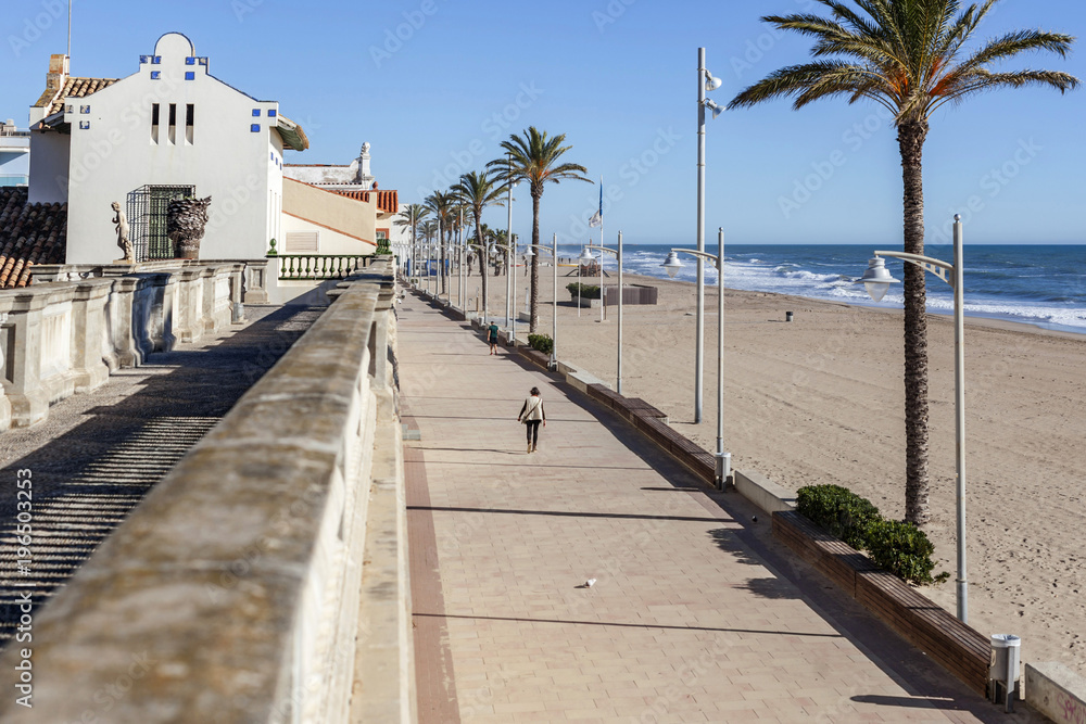 Mediterranean beach, maritime promenade and Museum Pau Casals, maritime quarter of Sant Salvador, El Vendrell, Costa Daurada, Catalonia, Spain.