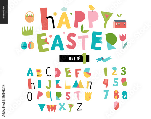 Kids flat alphabet set - Happy easter latin font - letters and digits