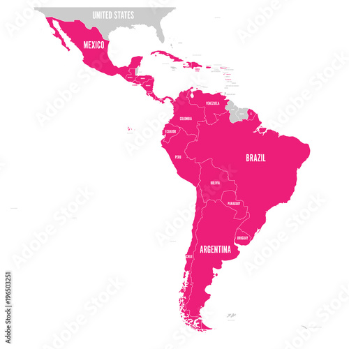 Political map of Latin America. Latin american states pink highlighted in the map of South America, Central America and Caribbean. Vector illustration.
