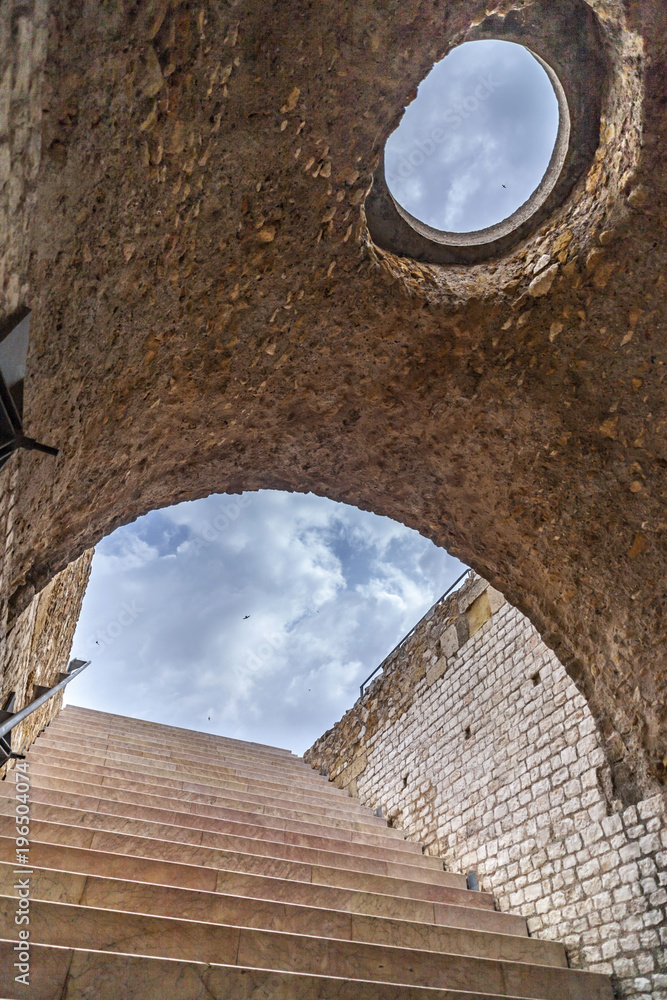 Roman circus, ruins roman legacy in ancient Tarraco, ancient stairway to sky, Tarragona, Catalonia, Spain.
