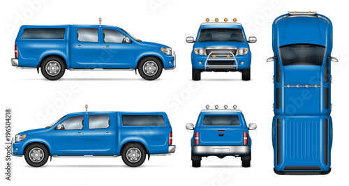 Pickup truck vector mock-up. Isolated template of blue car on white. Vehicle branding mockup. Side, front, back, top view. All elements in the groups on separate layers. Easy to edit and recolor.