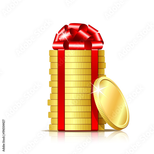 Stack of coins with red ribbon and gift bow.
