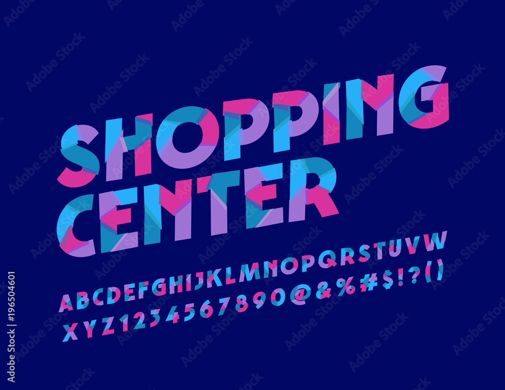 Vector Slice pattern bright Logotype for Shopping Center. Colorful Font. Abstract cool Alphabet Letters, Numbers and Symbols