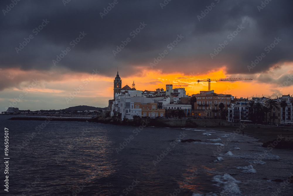 Sunset in Sitges town. Catalonia, Spain
