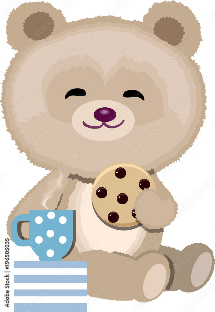 Fototapeta premium Cute Teddy bear and cake with tea on white background
