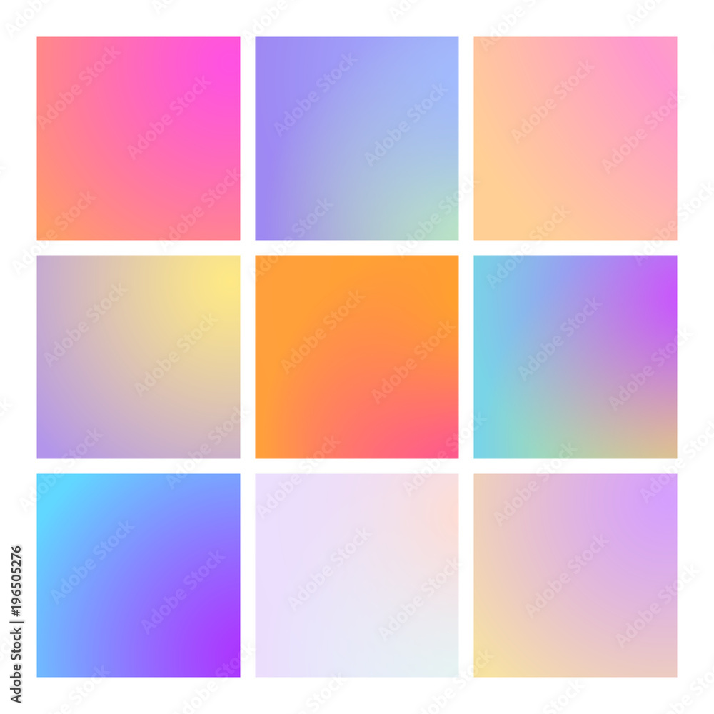 Modern gradient set with square abstract backgrounds. Colorful fluid covers for calendar, brochure, invitation, cards. Trendy soft color. Template with modern gradient set for screens and mobile app