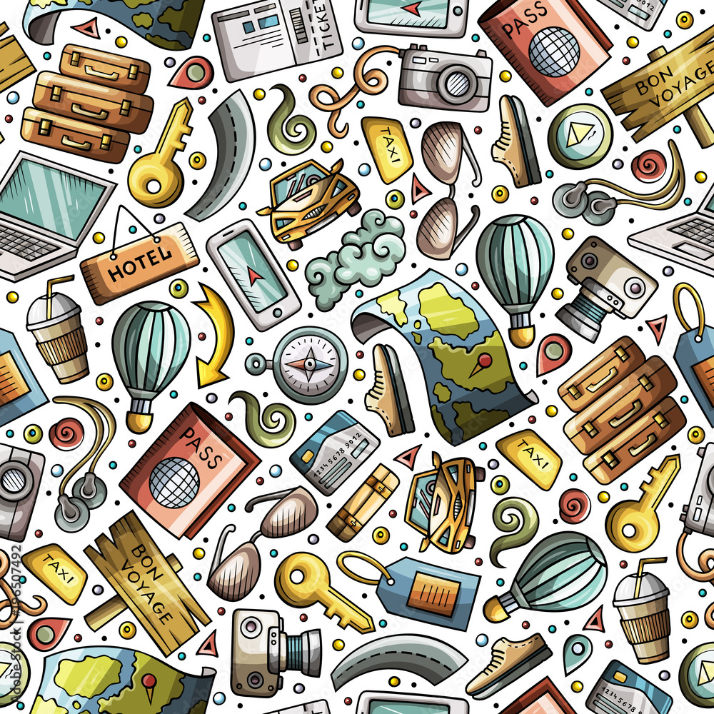Cartoon Traveling seamless pattern with lots of objects Cartoon Traveling seamless pattern with lots of objects