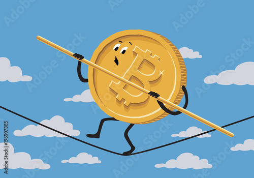 Bitcoin ropewalker on background with sky and clouds. Vector illustration about digital money, investment and financial crisis.