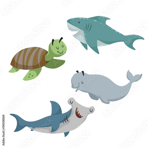 Cartoon sean animals set. Sea turtle, shark, hammerhead fish, beluga white whale. Sea and ocean animals. Kid education vector illustration collection.