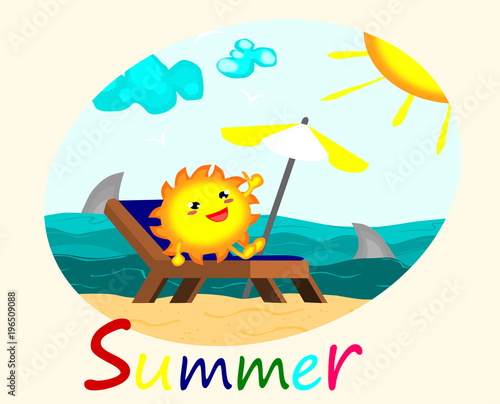 Cute sun sunbathing at Beautiful beach,summer concept,vector