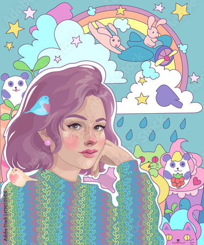 vector girl dreamer and her bright inner world: rainbow, rabbits, cats, pandas, sweets, fantasies and dreams