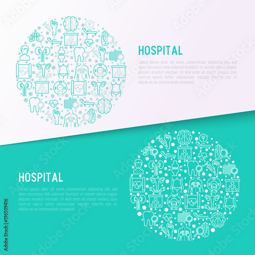 Hospital concept in circle with thin line icons for doctor's notation: neurologist, gastroenterologist, manual therapy, ophtalmologist, cardiology, allergist, dermatologist. Vector illustration.