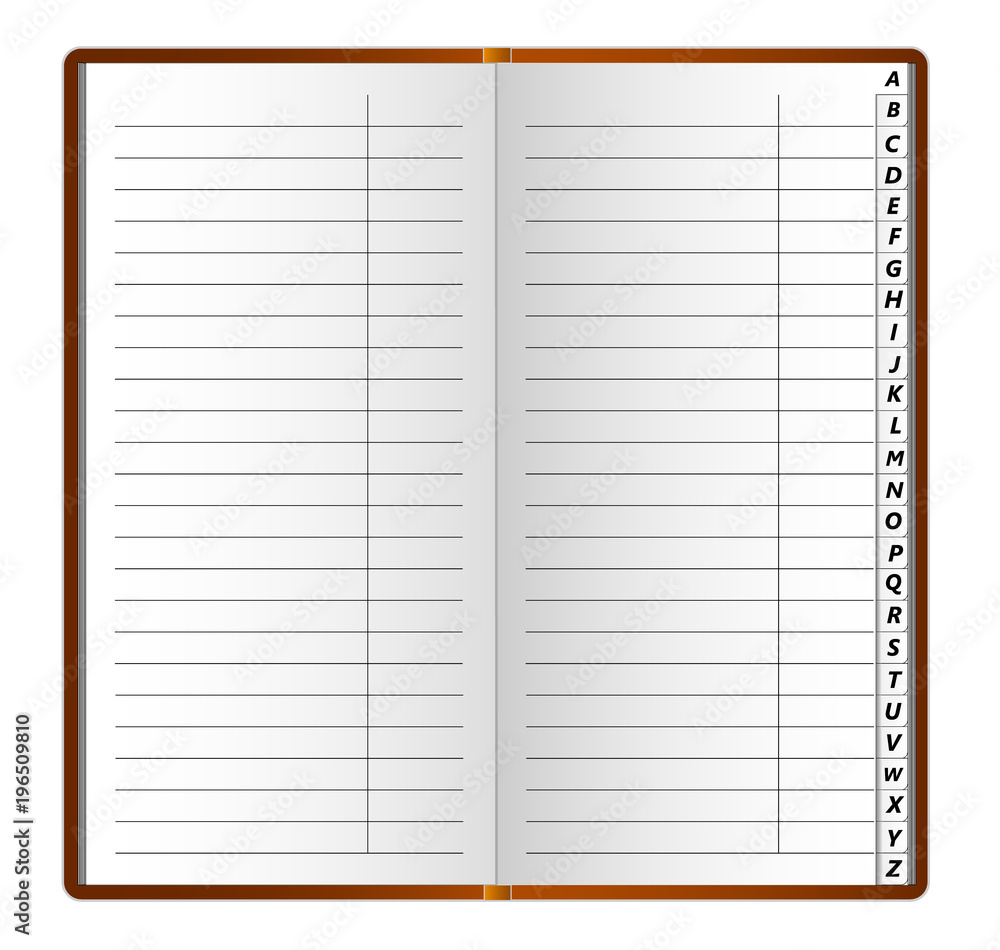 Phone book with Latin alphabet on the pages and pages that are lined up. Can be used as a template for design. Vector illustration. Phone book with Latin alphabet on the pages and pages that are lined up. Can be used as a template for design. Vector illustration.