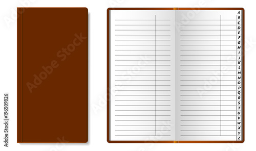 Open and closed Phone book with Latin alphabet on the pages. The pages of the book are lined. Can be used as a template for design. Vector illustration.