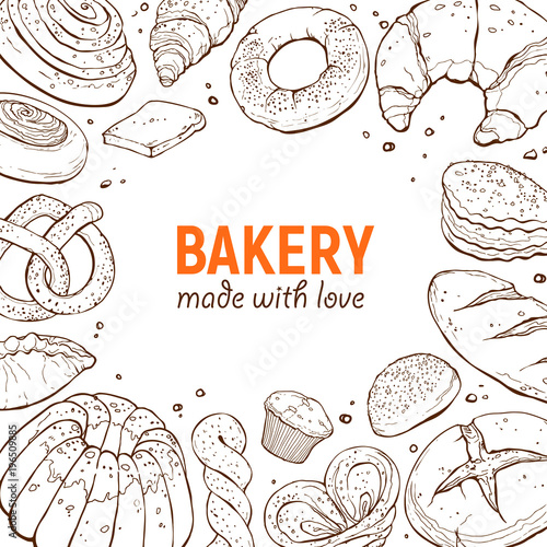 Square frame composition from hand drawn bread in sketch style. Vector illustration for bakery shops. Fresh bread around text banner design.