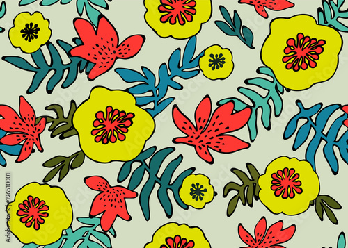 Seamless tropical pattern. Tropical plants and flowers in coral, teal and neo...