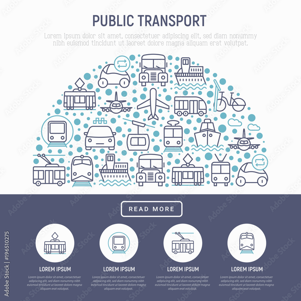 Public transport concept in half circle with thin line icons: train, bus, taxi, ship, ferry, trolleybus, tram, car sharing. Front and side view. Modern vector illustration for web page, print media.
