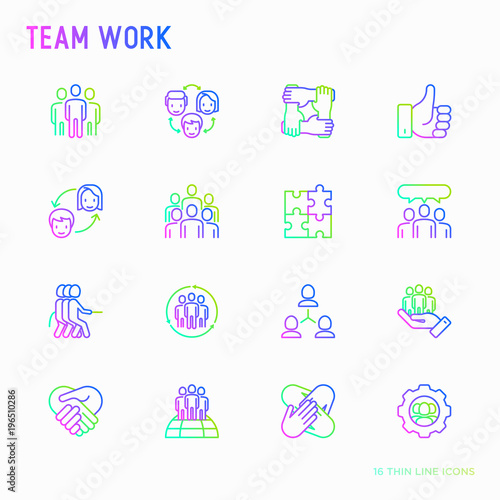 Teamwork thin line icons set: group of people, mutual assistance, meeting, handshake, tug-of-war, cooperation, puzzle, team spirit, cooperation. Modern vector illustration.