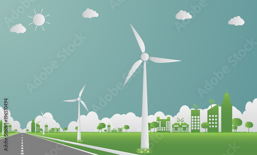 Factory ecology,Industry icon,Wind turbines with trees and sun Clean energy with road eco-friendly concept ideas.vector illustration