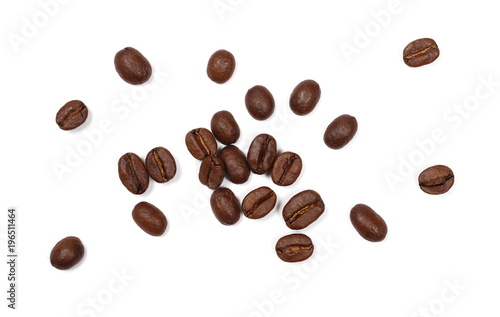 Coffee beans pile isolated on white background and texture, top view
