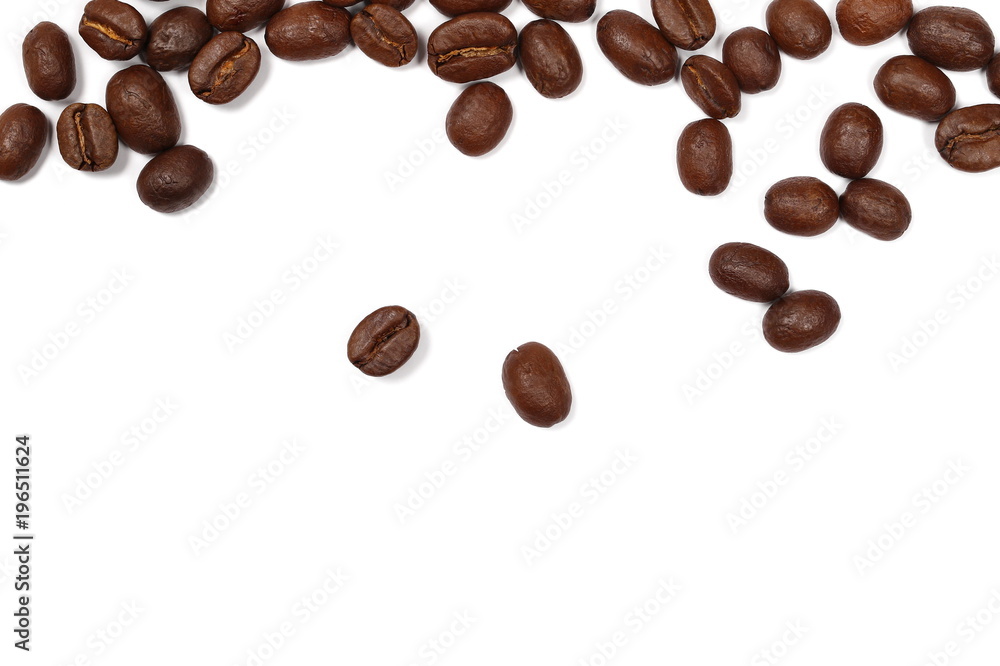Naklejka premium Coffee beans pile isolated on white background and texture, top view