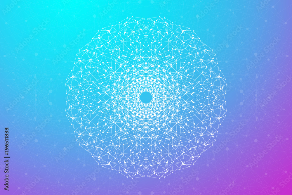 Fractal element with connected lines and dots. Big data complex. Virtual background communication or particle compounds. Digital data visualization, minimal array. Lines plexus illustration.