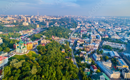 Fototapeta Naklejka Na Ścianę i Meble -  Aerial view of Saint Andrew church and Andriyivskyy Descent, cityscape of Podil. Kiev, Ukraine