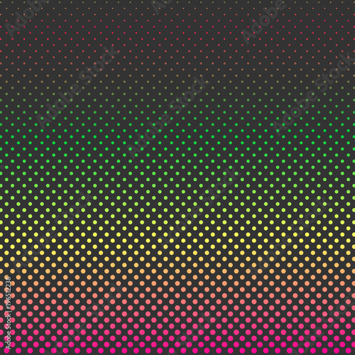 Color gradient halftone background. Dark gray background with dots. Colorful abstract halftone background. Green, yellow, pink, orange bright colors. Vector illustration AI10