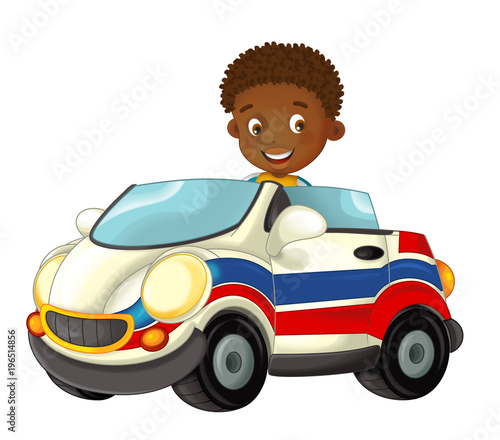 cartoon scene with happy child - boy in toy ambulance car on white background - illustration for children