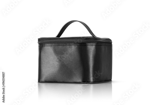 Black makeup cosmetic bag for woman isolated on white background photo
