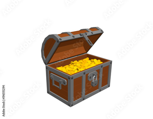 Wooden chest with golden coins. Isolated on white background.