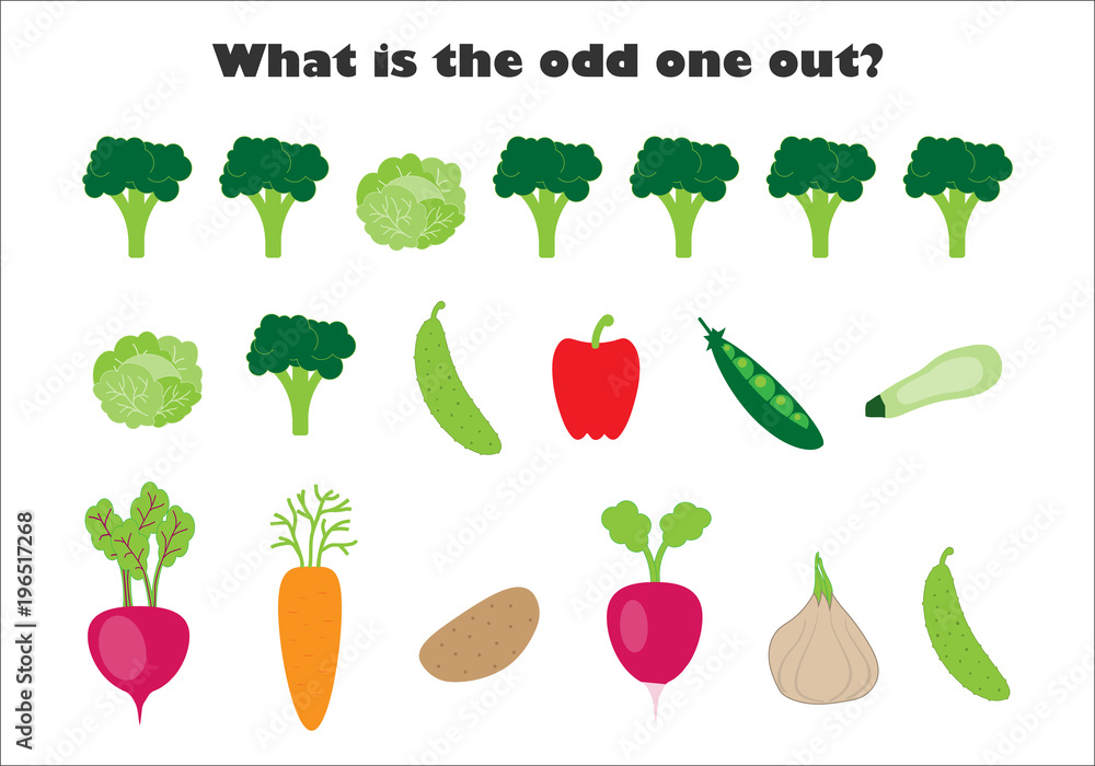 What is the odd one out for children, vegetables in cartoon style, fun  education game for kids, preschool worksheet activity, task for the  development of logical thinking, vector illustration Stock Vector |