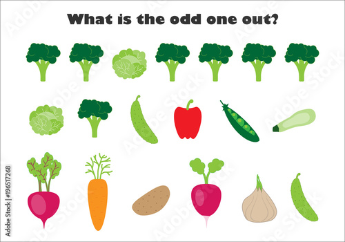 What is the odd one out for children, vegetables in cartoon style, fun education game for kids, preschool worksheet activity, task for the development of logical thinking, vector illustration