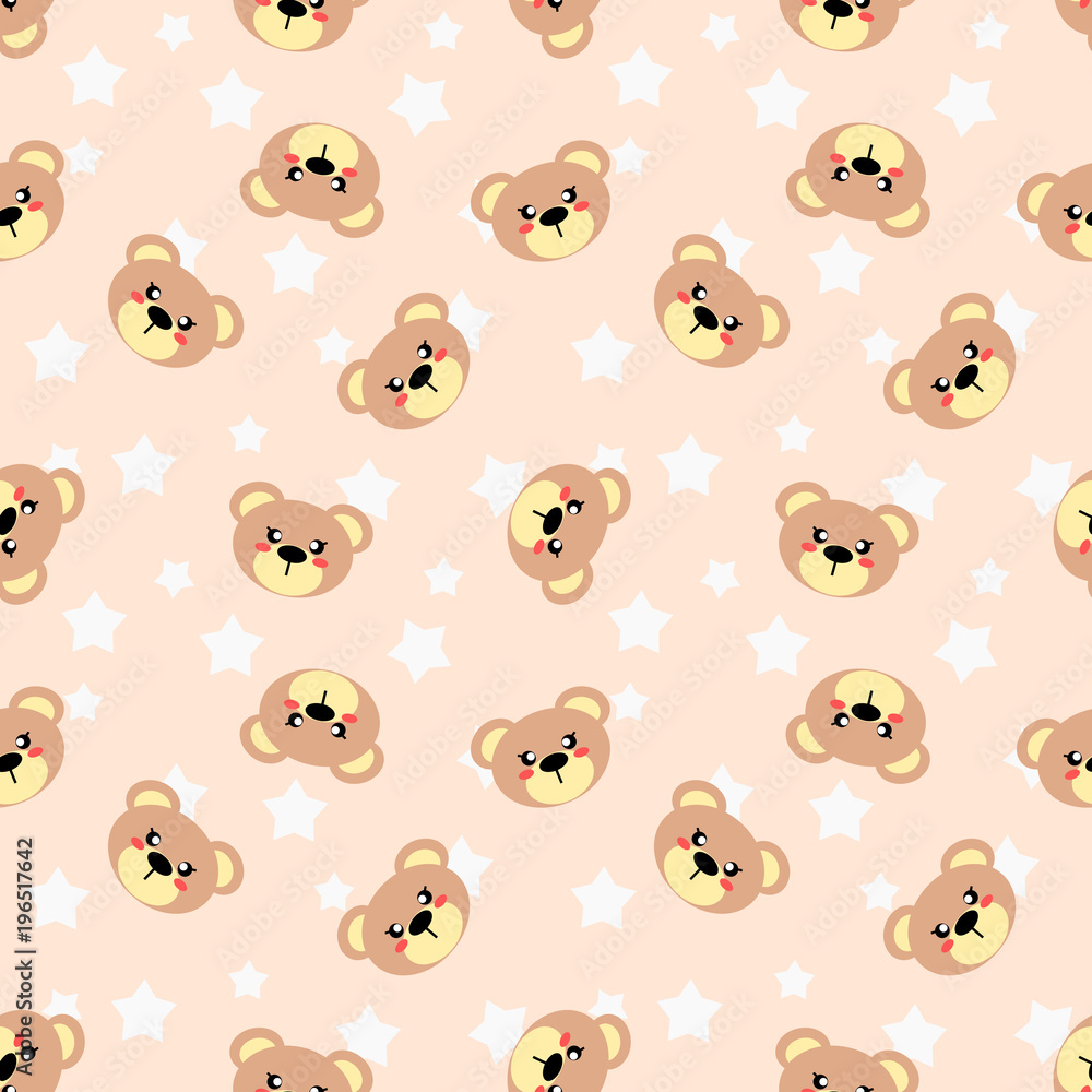 Fototapeta premium Seamless pattern of cute bear and white star vector on pastel tone color. Lovely cartoon pattern for children fashion, nursery, scrapbooking, textile, decoration and/or surface design.