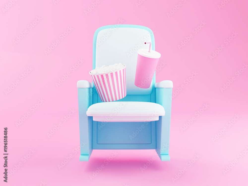 Fototapeta premium 3d popcorn and drink on theater seat.