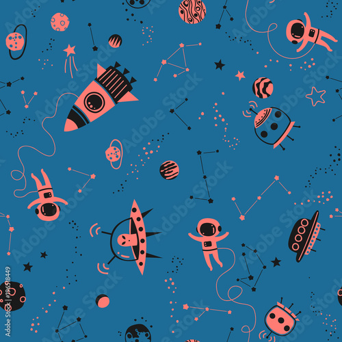 Childish seamless pattern - space, spaceships and planets with stars. Trendy kids vector background.