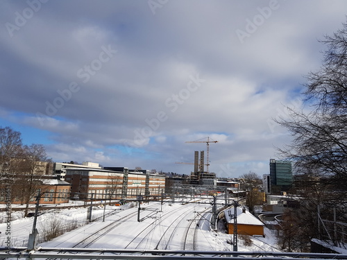 View on railways in winter in Skoyen area, Oslo, Norway