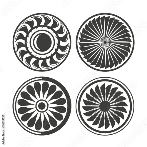 jet engine, turbine and engine blade icons