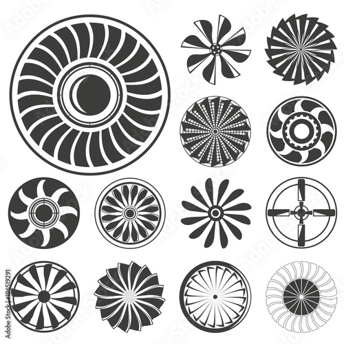 jet engine, turbine and engine blade icons