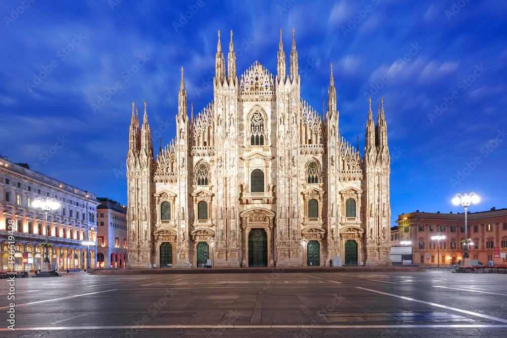 Piazza del Duomo, Cathedral Square, with Milan Cathedral or Duomo di Milano during morning blue hour, Milan, Lombardia, Italy