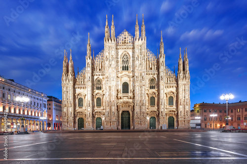 Piazza del Duomo, Cathedral Square, with Milan Cathedral or Duomo di Milano during morning blue hour, Milan, Lombardia, Italy