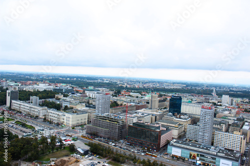 Aerial panoramic cityscape view of cloudy Warsaw
