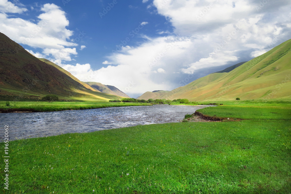 Fototapeta premium Beautiful landscape in Kyrgyzstan, river, mountains
