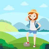 Girl in vacation - young woman with backpack, nature holiday, hiking, trekking, mountains, hills, river, grass, sky. Cute character vector illustration in flat style