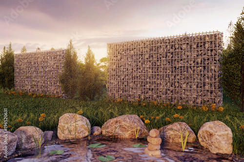 3d rendering of green garden with gabion and pond in the evening sunset photo