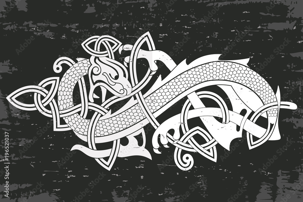 Obraz premium Celtic two-headed dragon with national ornament intertwined ribbon on a gray background with the aging effect.